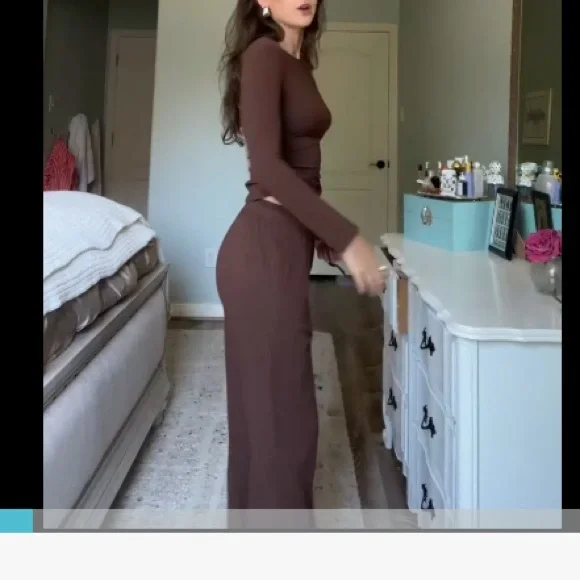 Women's 2 Piece Outfit Lounge Sets Long Sleeve Top Wide Leg Pants Casual Sz L - Picture 14 of 17